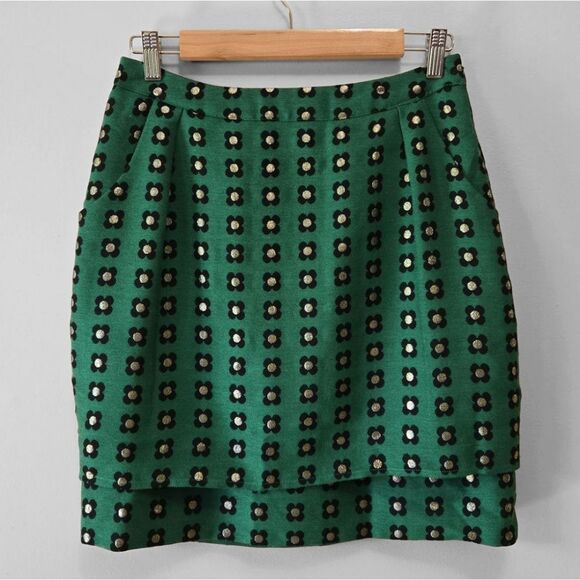 Anthropologie HD Paris Green Floral Mini Skirt Size 4‎ Retro Twee Career - Picture 3 of 14